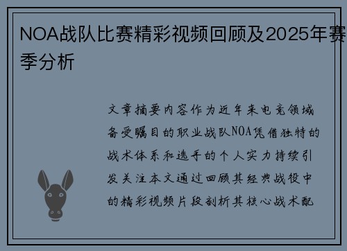 NOA战队比赛精彩视频回顾及2025年赛季分析