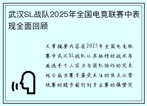 武汉SL战队2025年全国电竞联赛中表现全面回顾